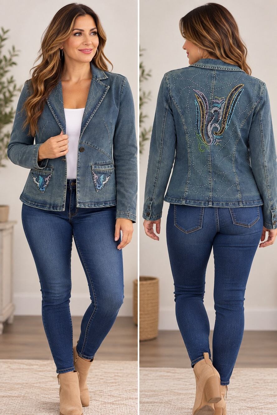 Seandara Bling Jeans Blue Denim Jacket Sz Large